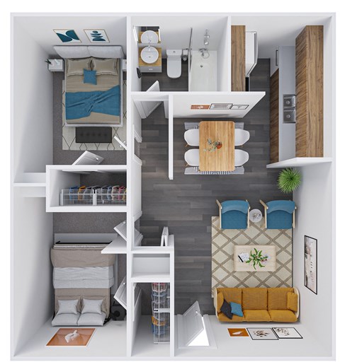 Floor plan for 2 beds, 1 bath, 624 sqft